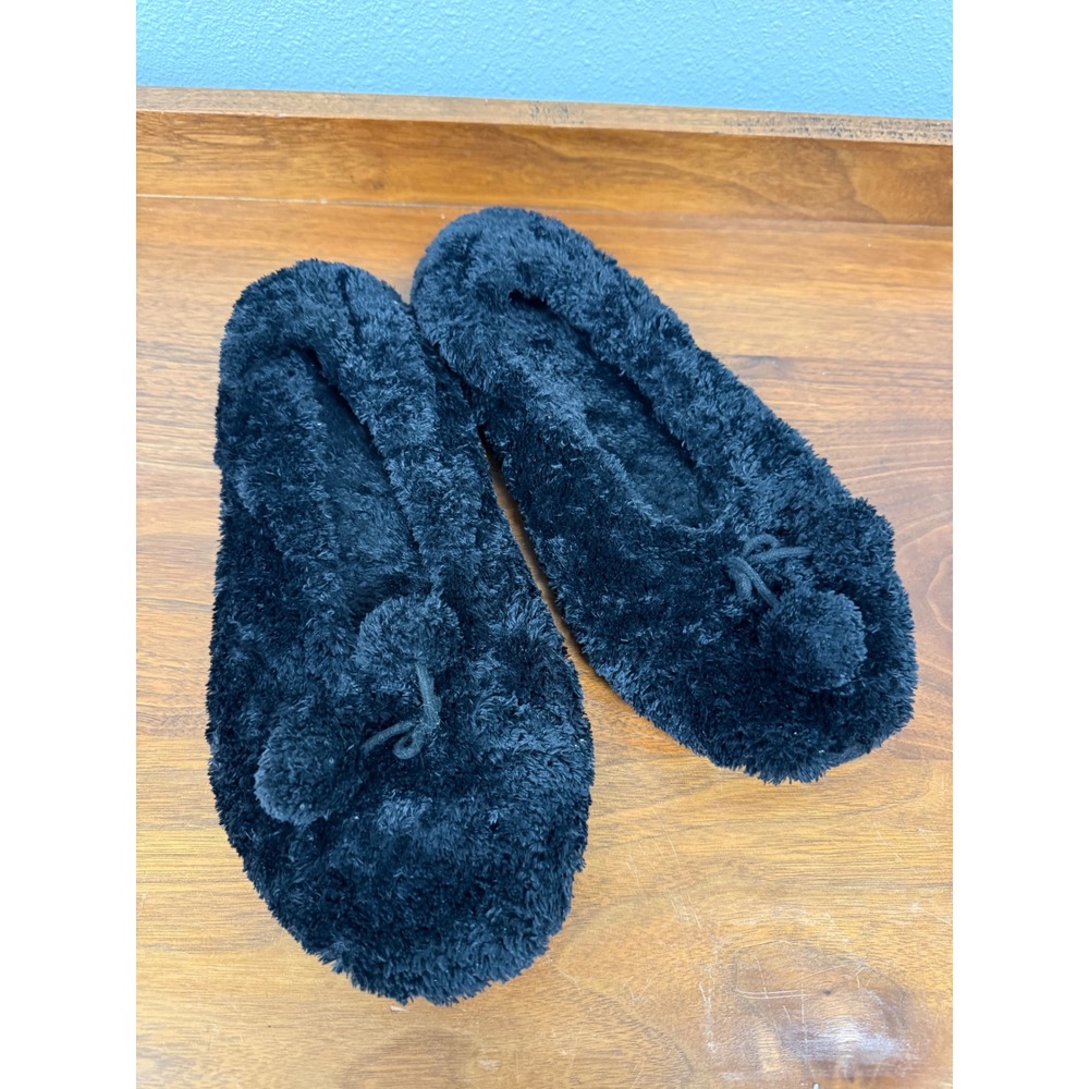 Black Fuzzy Pom Pom Ballet Slippers House Shoes XL 9.5-10.5